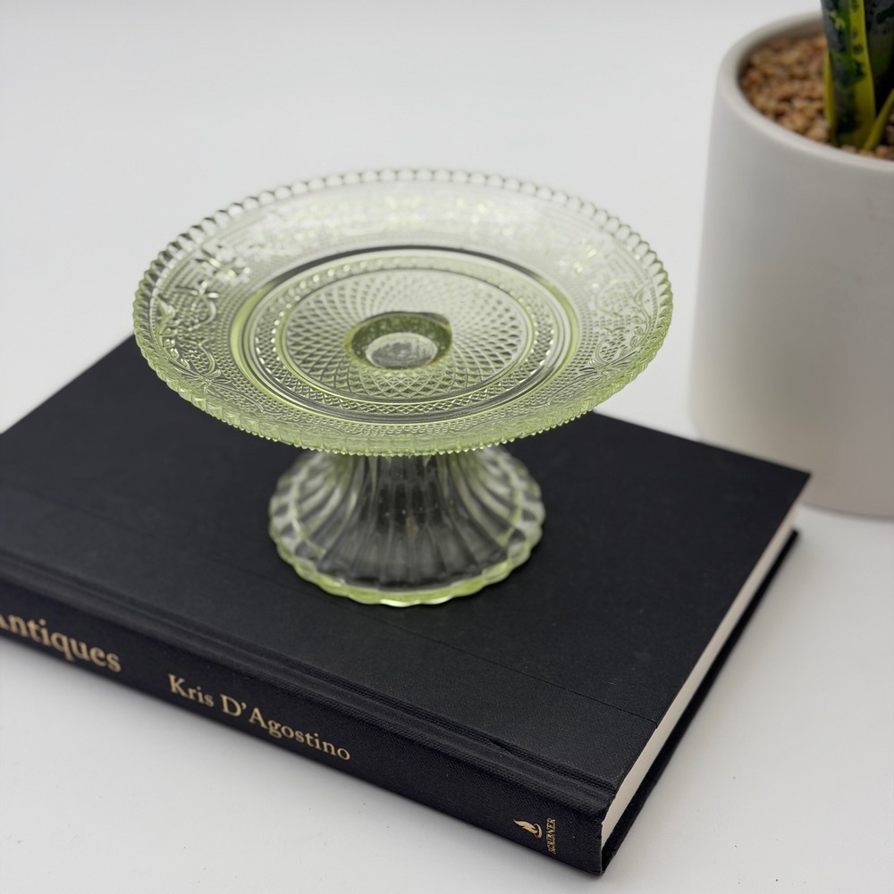 Green Pressed Glass Cupcake or Small Cake Pedestal Scalloped Diamond Point 5.5"